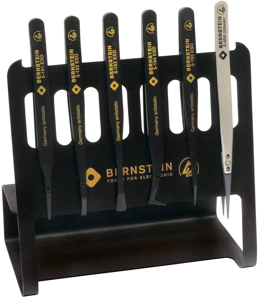 A set of precision fine mechanics tweezers on a black holder, each marked with brand name and specific intended use.