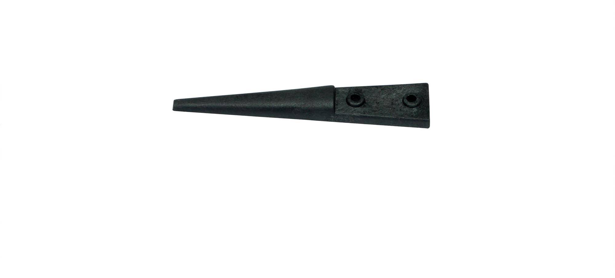 A black, tapered plastic component with two mounting holes, potentially for technical or industrial applications.