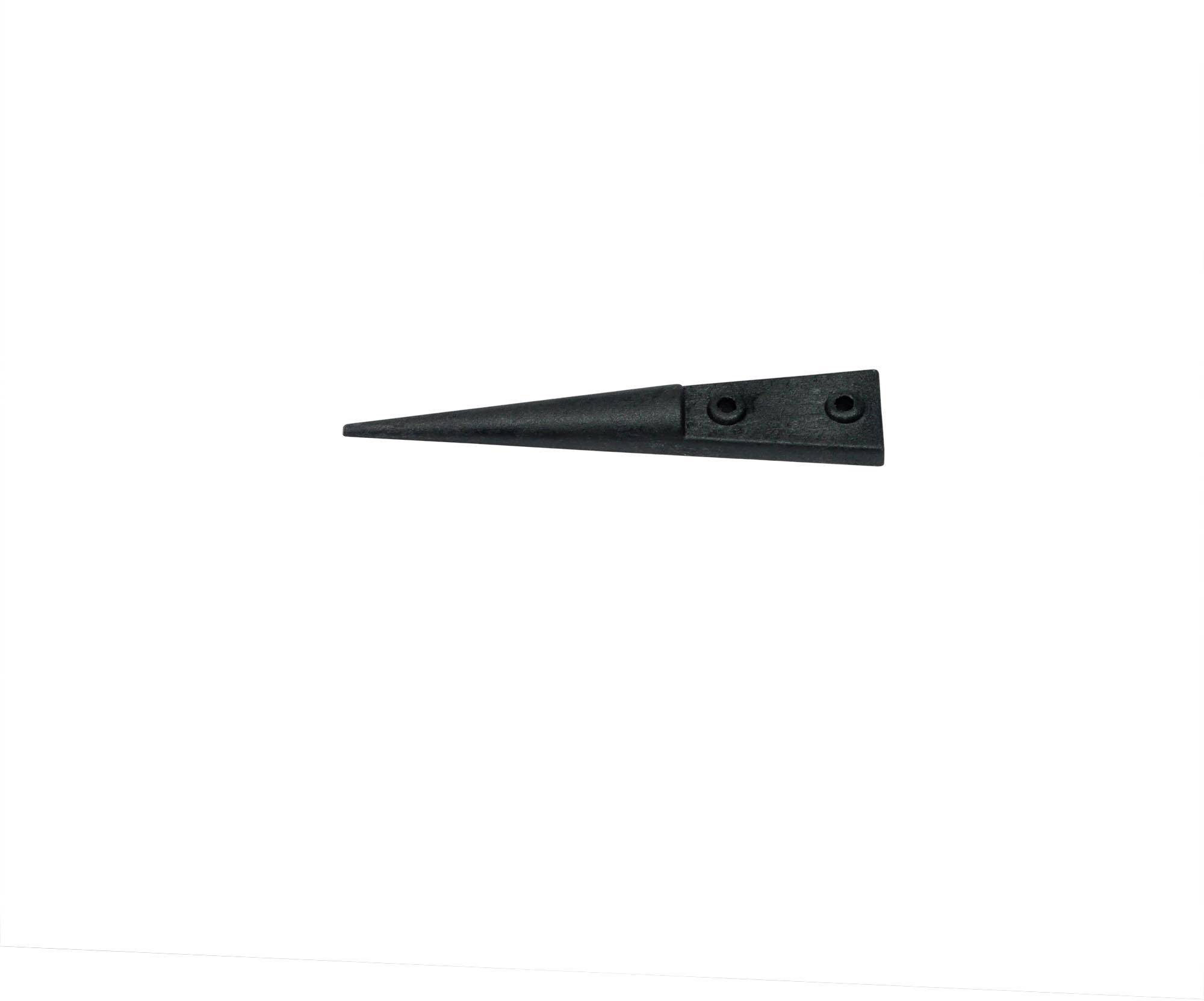 A black, triangular plastic part with two holes on the broad side, rests on a white background.