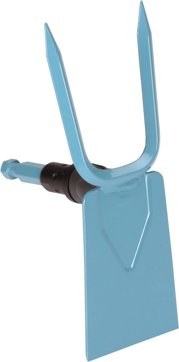 A blue garden tool with a dual function: two prongs on one side and a right-angled blade on the other side for digging or weeding.