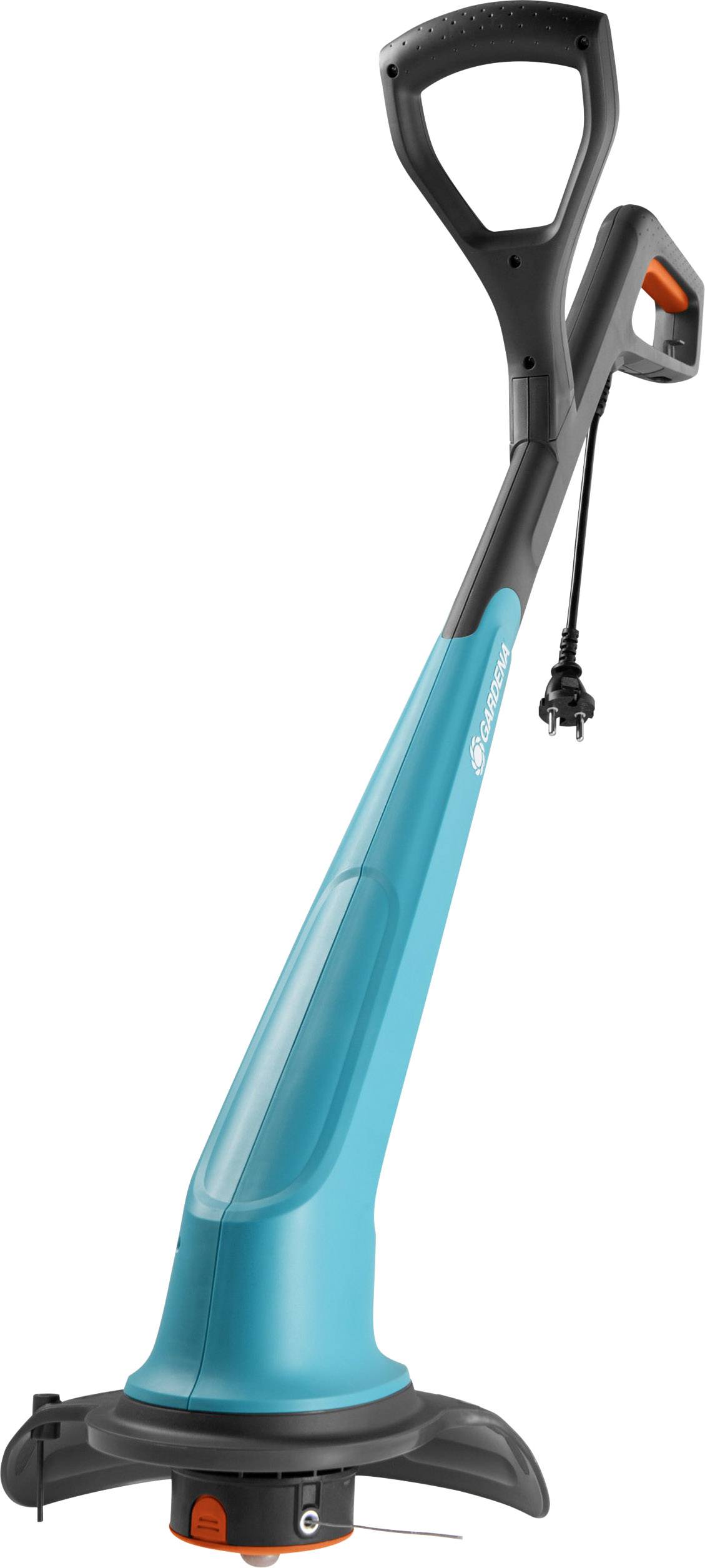 Electric lawn trimmer with a blue casing and black handle, suitable for trimming lawn edges and hard-to-reach areas.