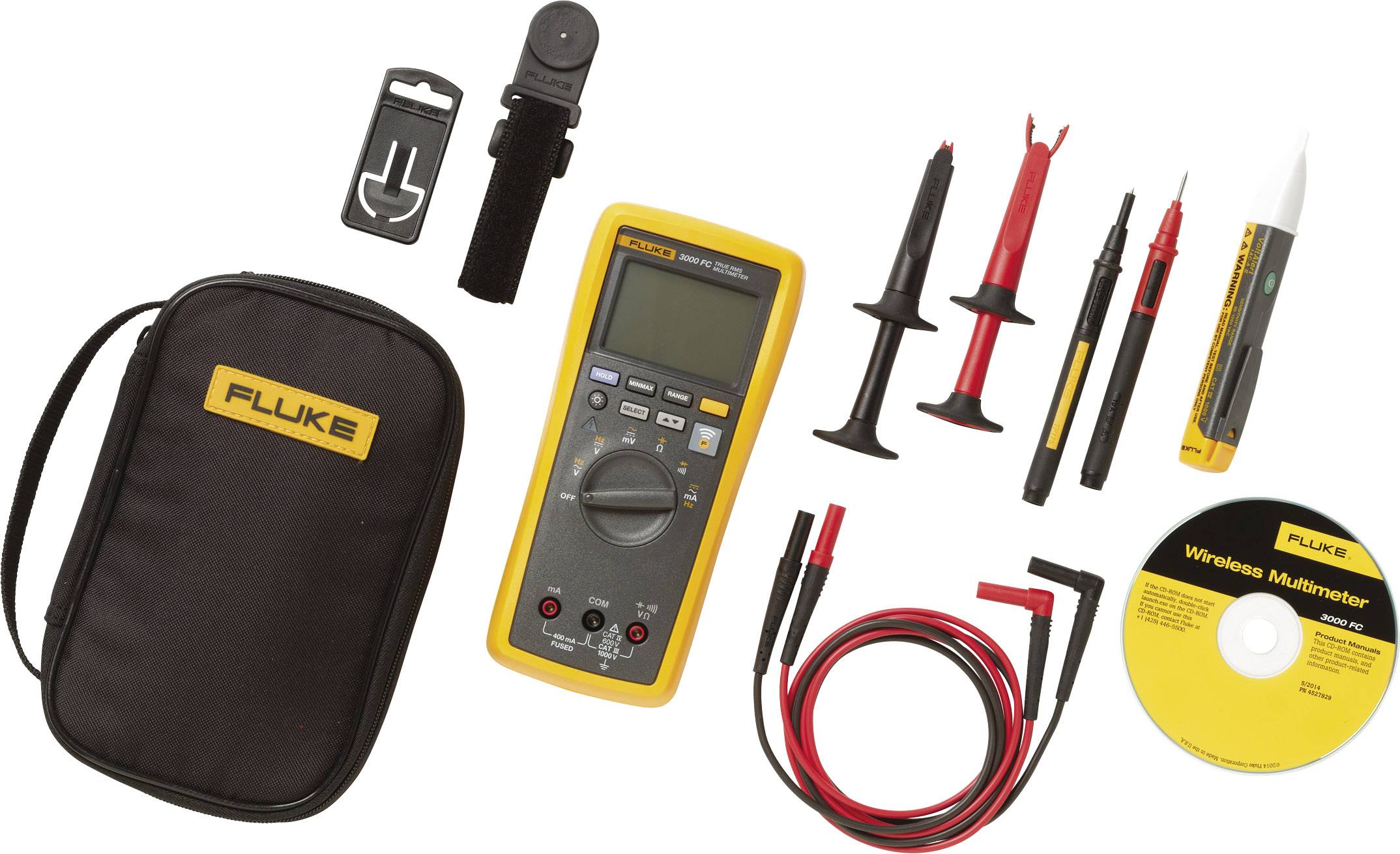 Multimeter set comprising a digital multimeter, measurement leads, clips, a protective case, and a software CD.