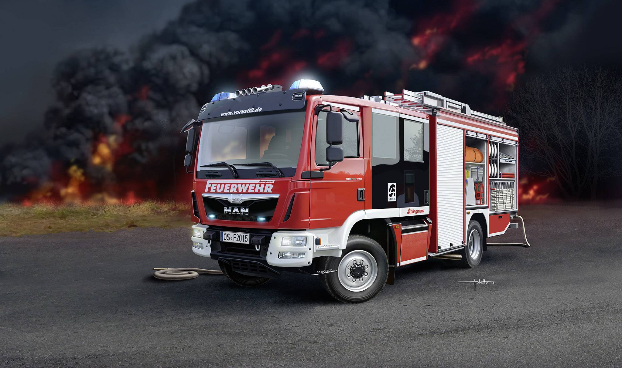 Fire engine on an asphalted surface, dense smoke and flames in the background. Ready for firefighting operations.