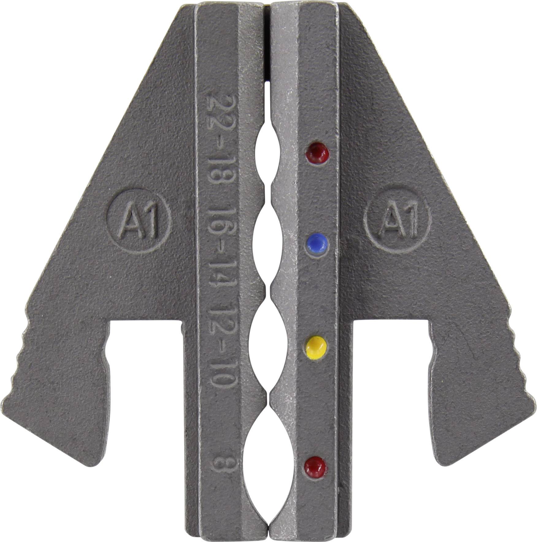 Metallic cable crimping tool with A1 markings and coloured dots to indicate different wire sizes.
