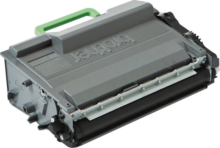 Laser toner cartridge in a grey casing with a green handle, positioned on a white background; intended for use in a printer.