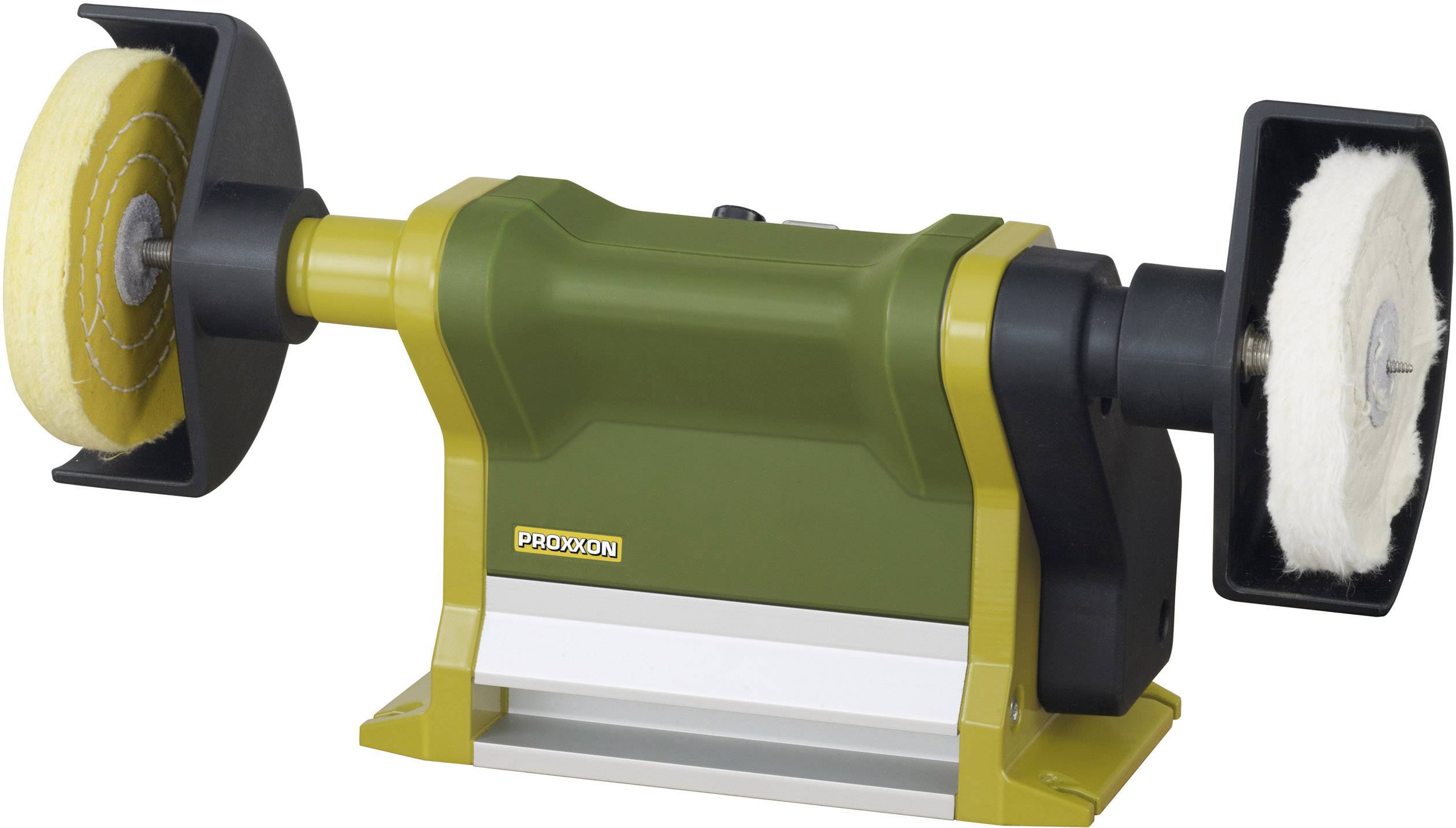 The image depicts a green, electric polishing machine with two round, yellow and white polishing pads on either side.