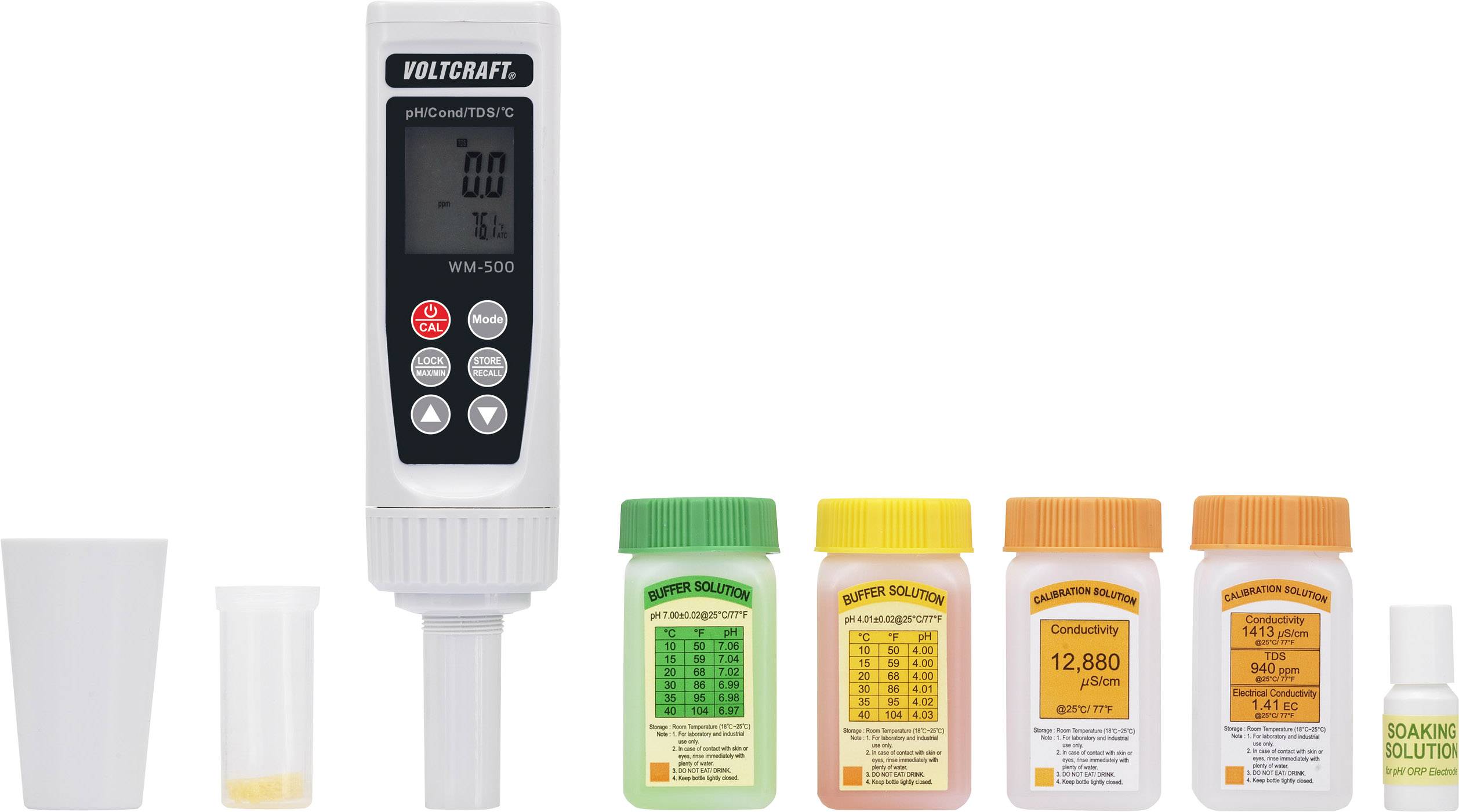 A digital measuring device with a display and buttons, along with five containers of calibration solutions for pH and conductivity measurements.