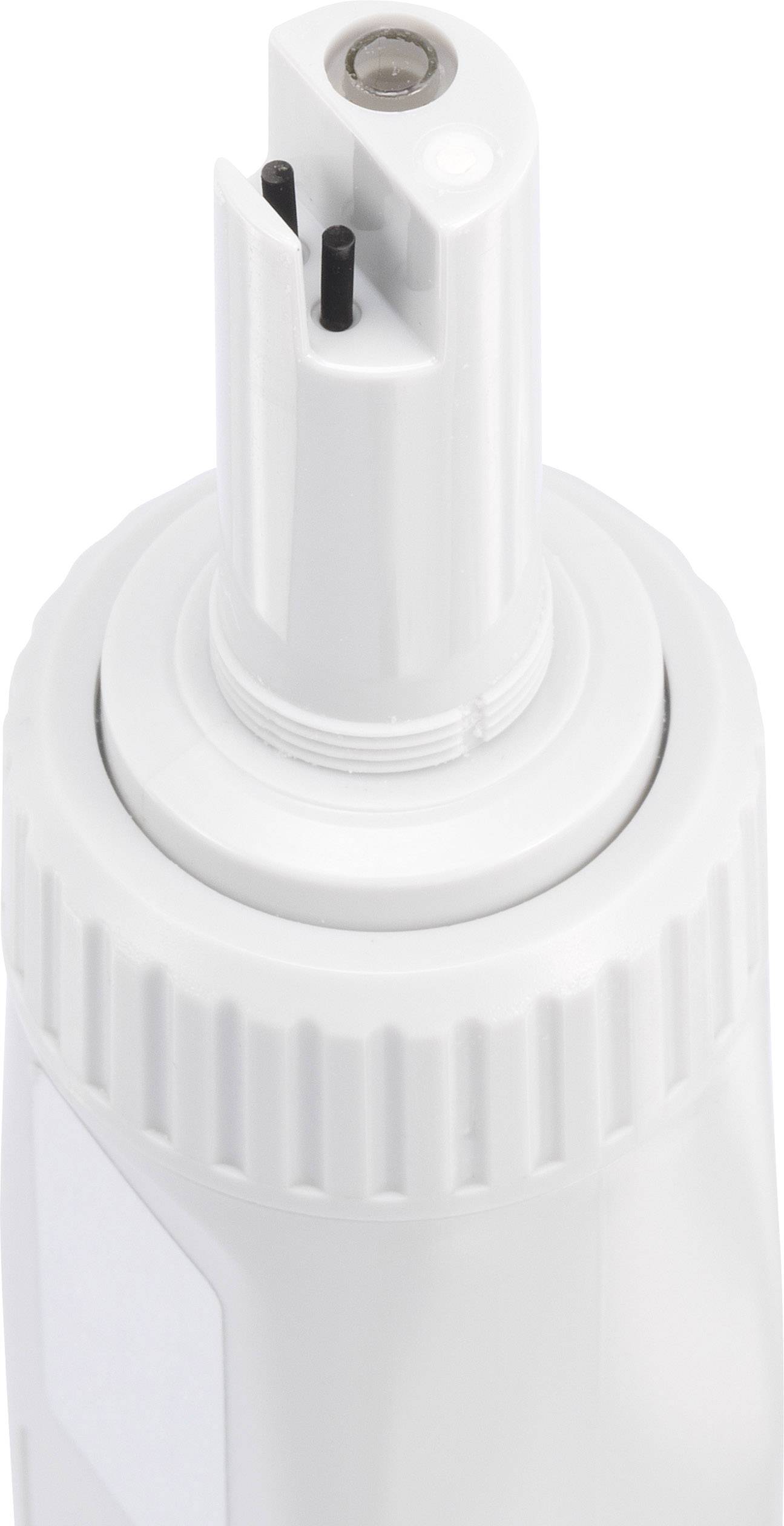 White, cylindrical closure with two black pins, likely part of an electrical device or cartridge seal.