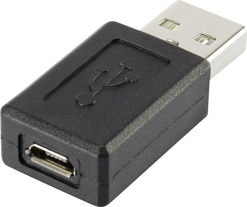 Black USB adapter from USB-A plug to Mini-USB socket, suitable for connecting devices with different connections.