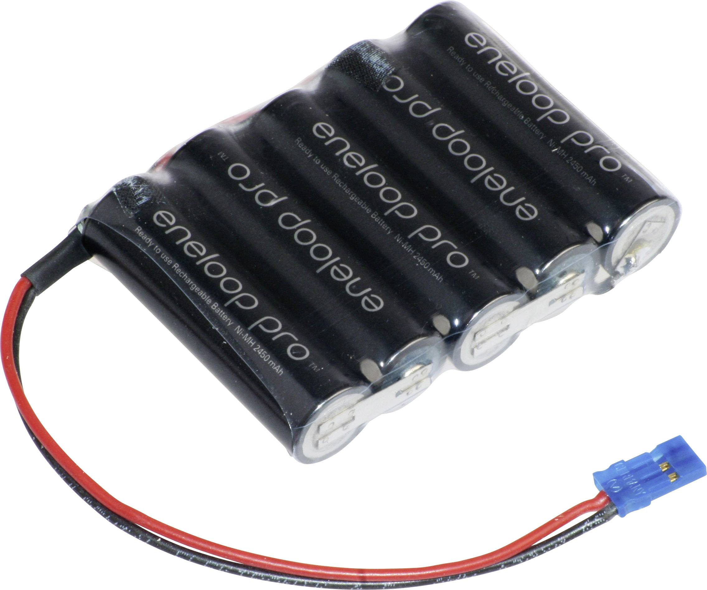 Four black batteries lined up in a row with cables and a blue plug. 'eneloop pro' label visible.