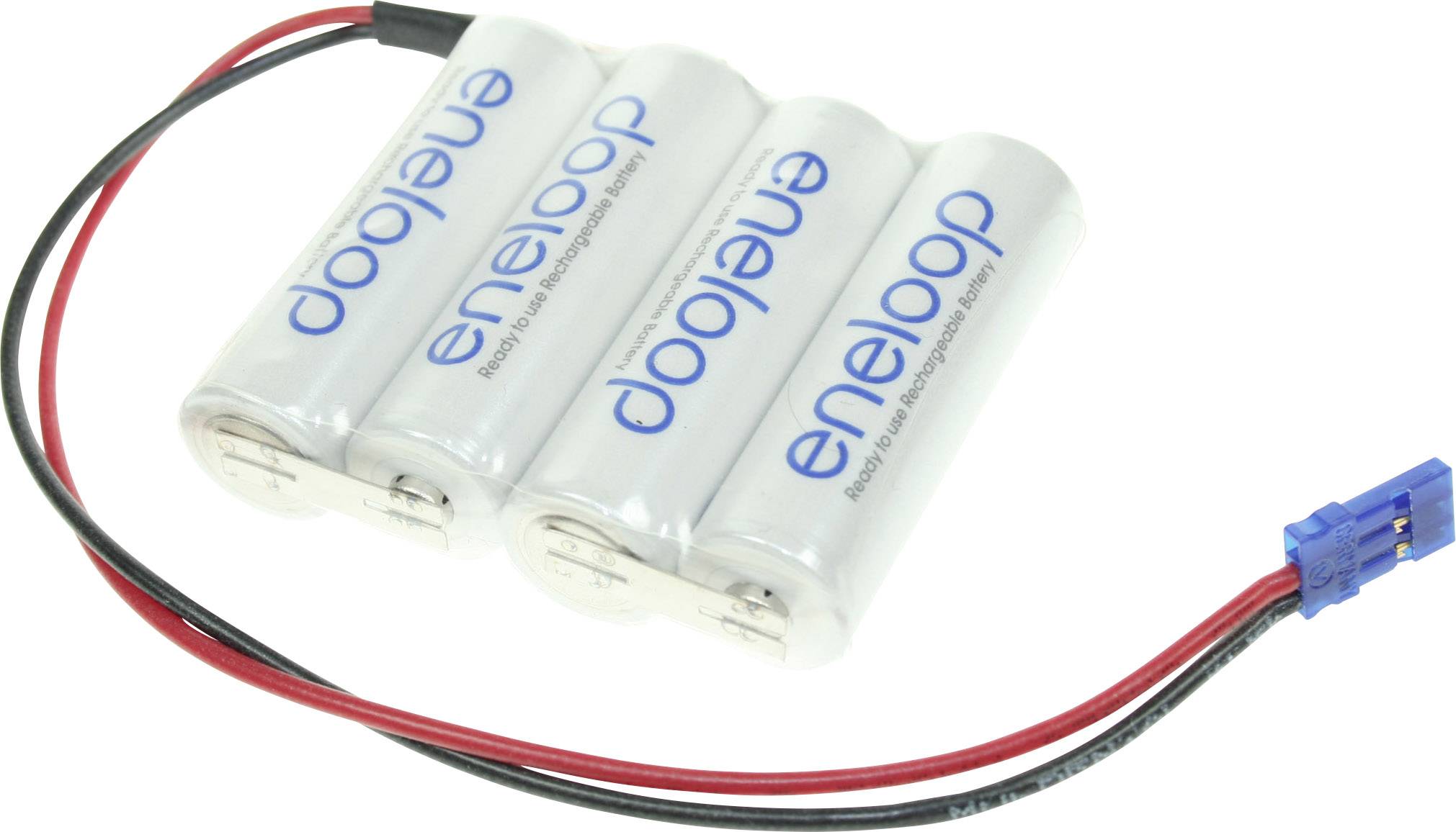 Four eneloop AA batteries arranged in a row with a red and black cable and blue plug.