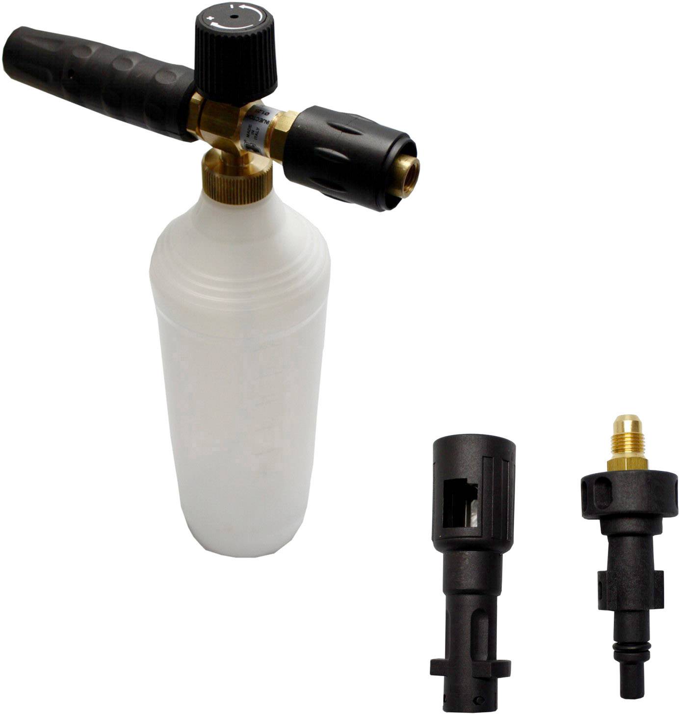 Foam cannon with two jet nozzles, suitable for car washing or cleaning applications, featuring an ergonomic handle for easy handling.