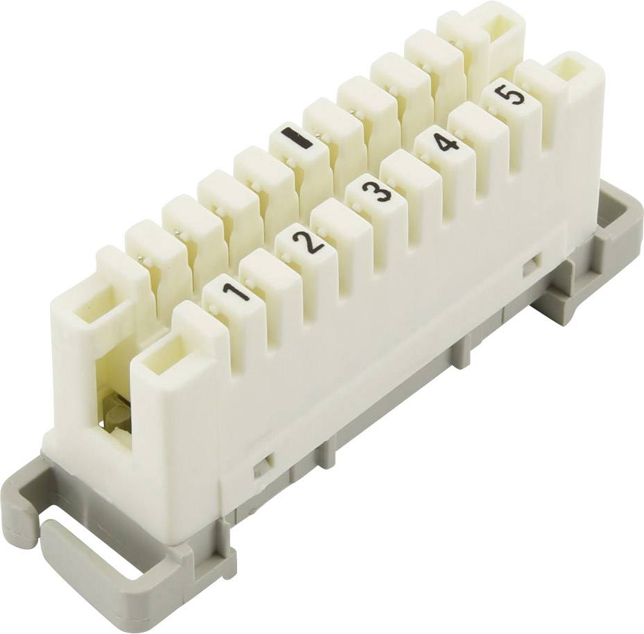 A white electrical terminal block with five numbered slots, 1 to 5, mounted on a grey base.