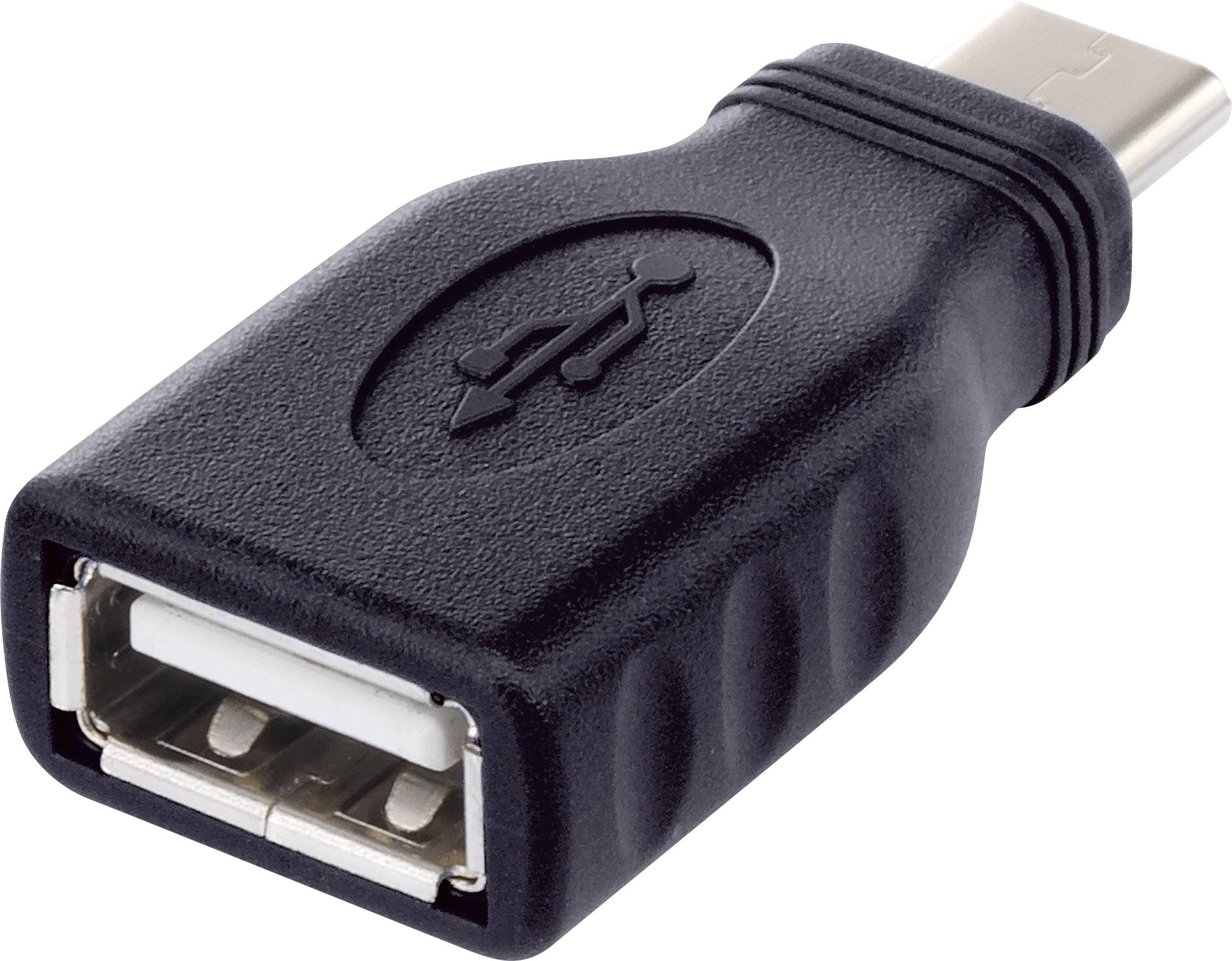 Black USB to USB-C adapter, male USB-C connector, female USB socket, for connecting legacy USB devices with USB-C ports.