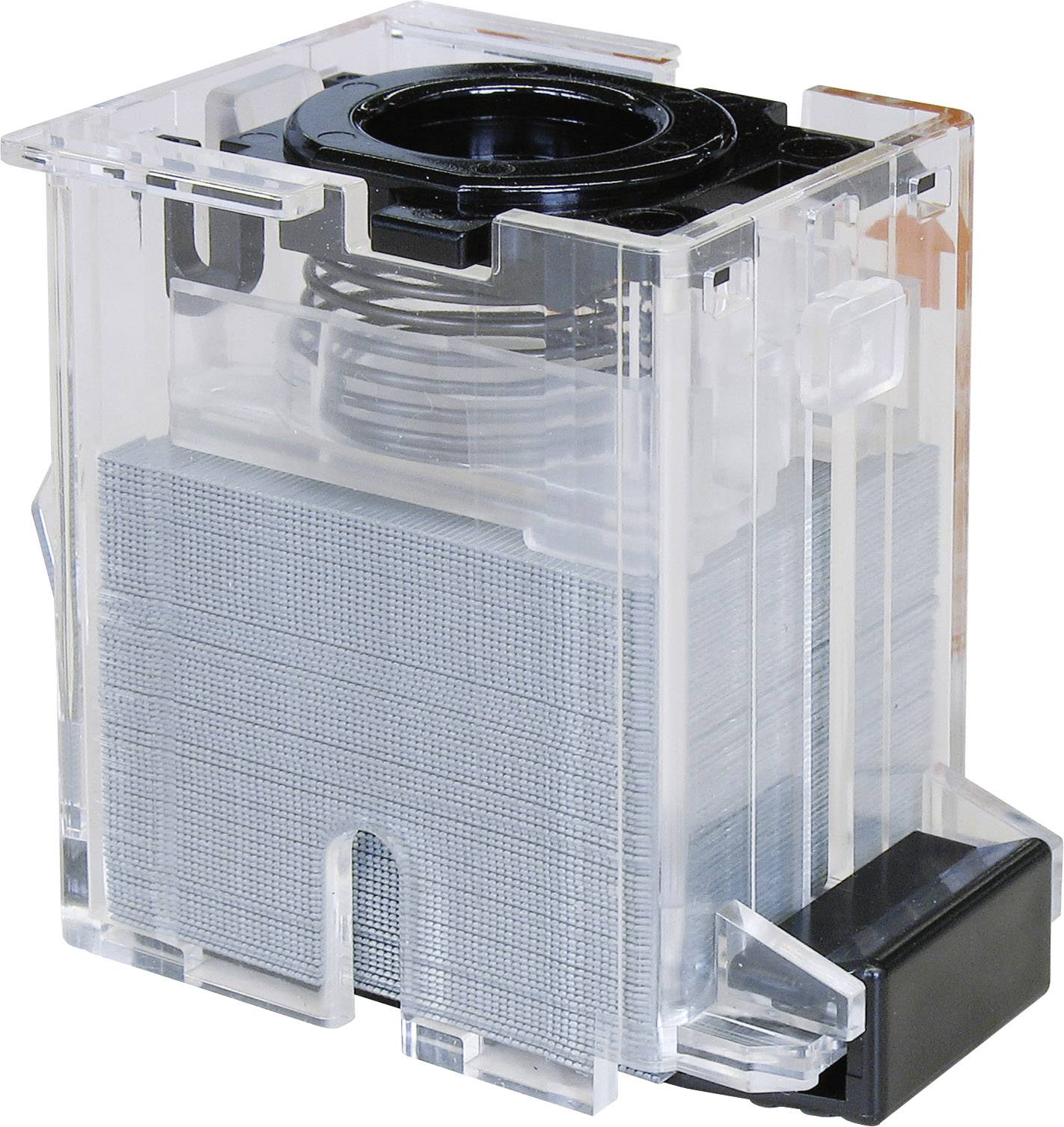 A transparent container with a stack of silver plates and a black opening at the top, possibly a technical component.