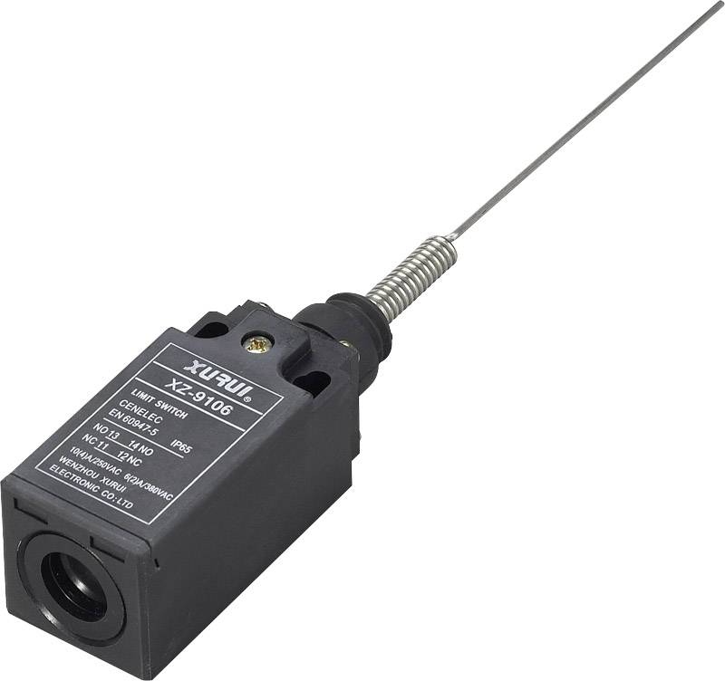 A rectangular, black limit switch with a long, thin metal spring on top. Inscription: 'XURUI XZ-8106, Limit Switch, CE'.