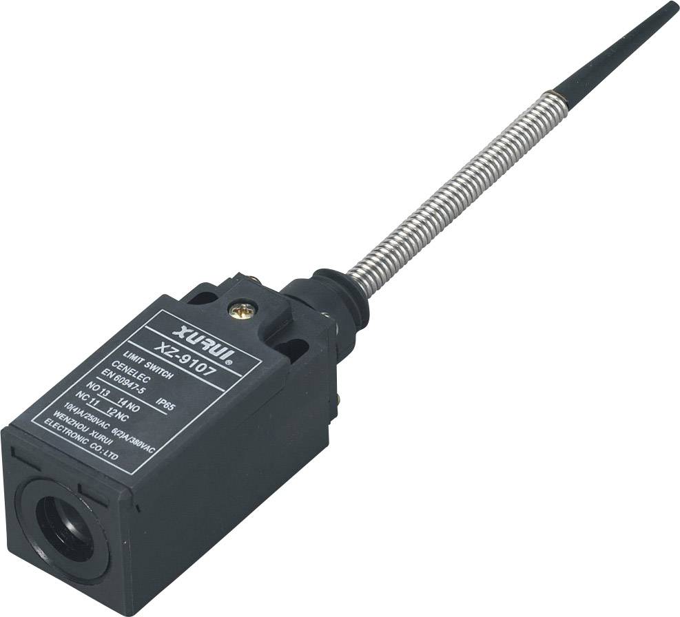 An electrical limit switch with a metal spring lever, black enclosure and technical specifications printed on the front.
