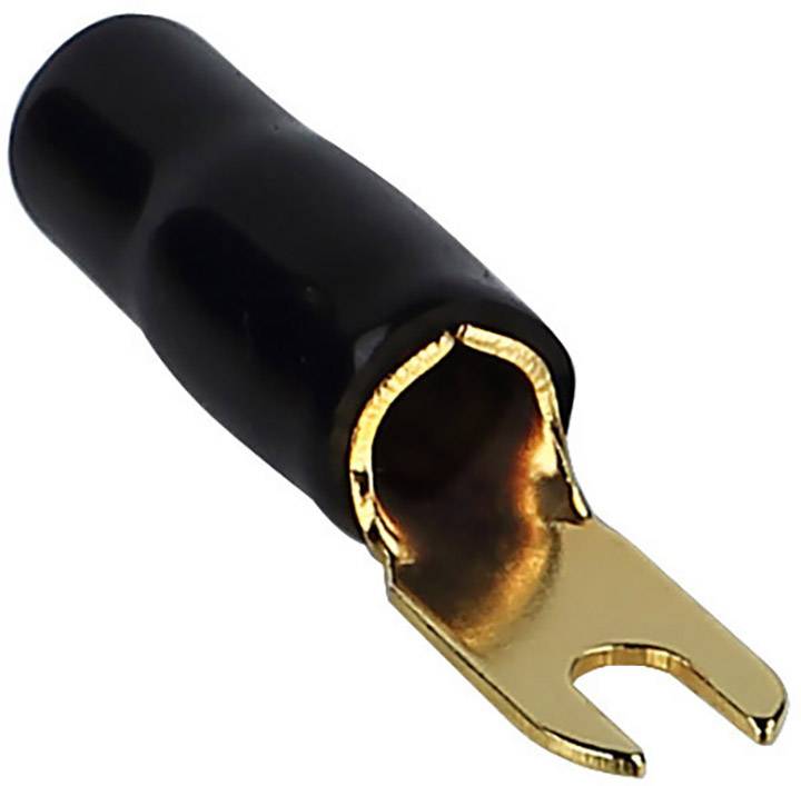 A metal forked terminal with a black insulating cover, used for electrical connections to securely fasten to terminal screws.