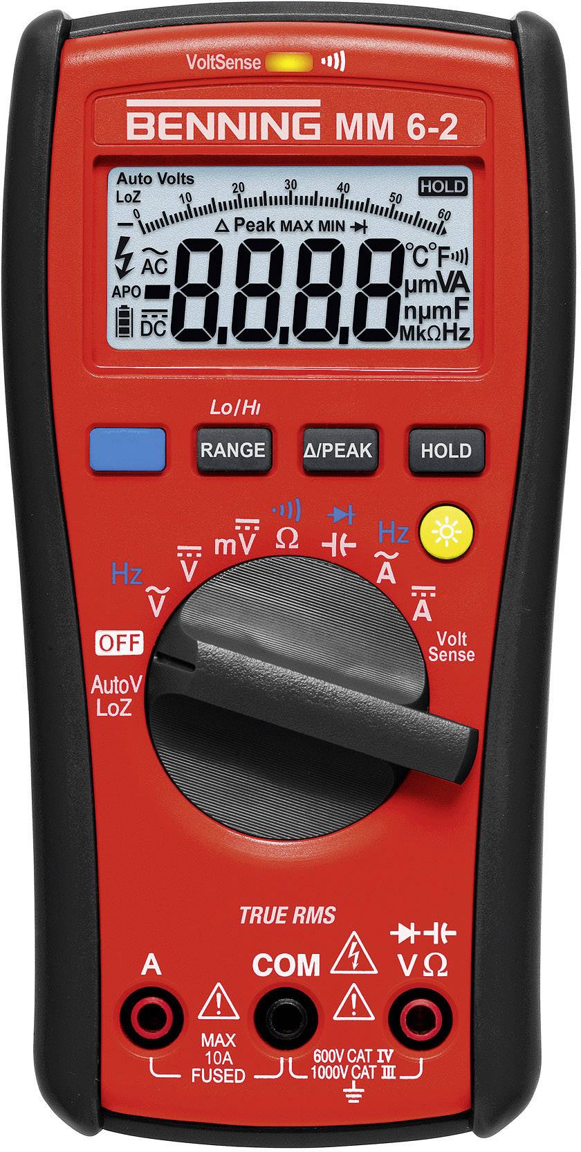 A red digital multimeter with display screen and rotary switch for various measurement functions such as voltage, current, and resistance.
