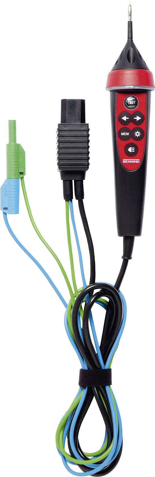 A testing device with a red and black casing and cables in blue and green, used for vehicle diagnostics.