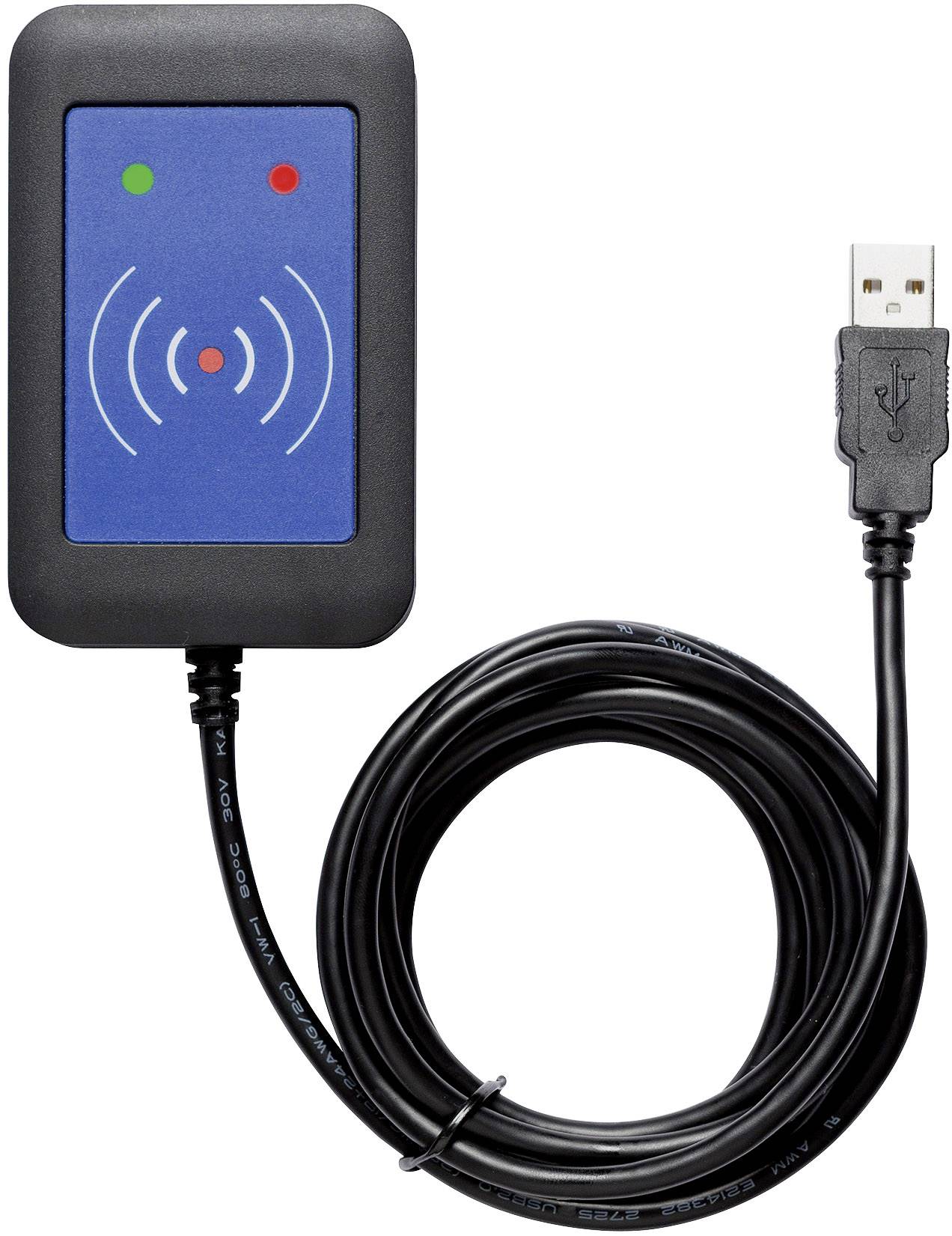 External USB card reader with a blue casing and black cable. Two LED indicators: one green and one red. Device for RFID cards.
