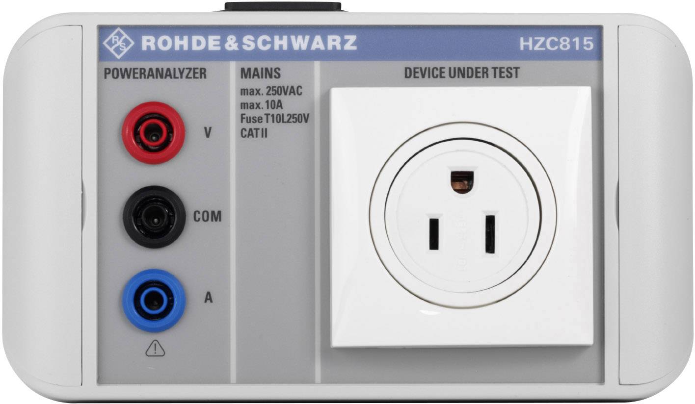 Electrical test device with power socket, voltage inputs and main switch; measuring points for Volt, COM and Ampere are located on the side.