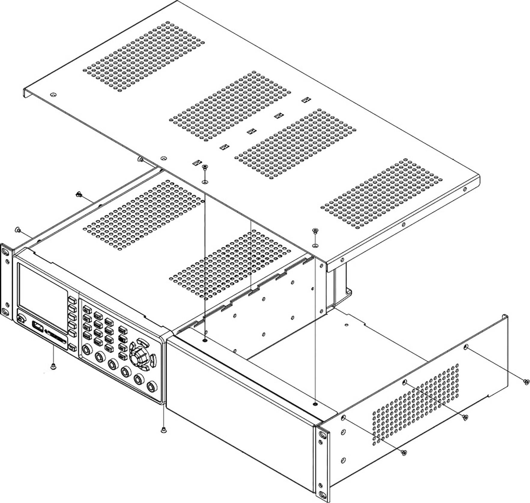 Exploded view diagram of an electronic device with a removable lid, mounting screws, and front control panel.