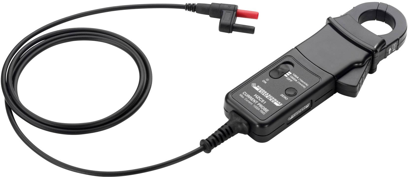 A black clamp meter with cable and two connection plugs, for measuring electrical currents without direct conductor contact.