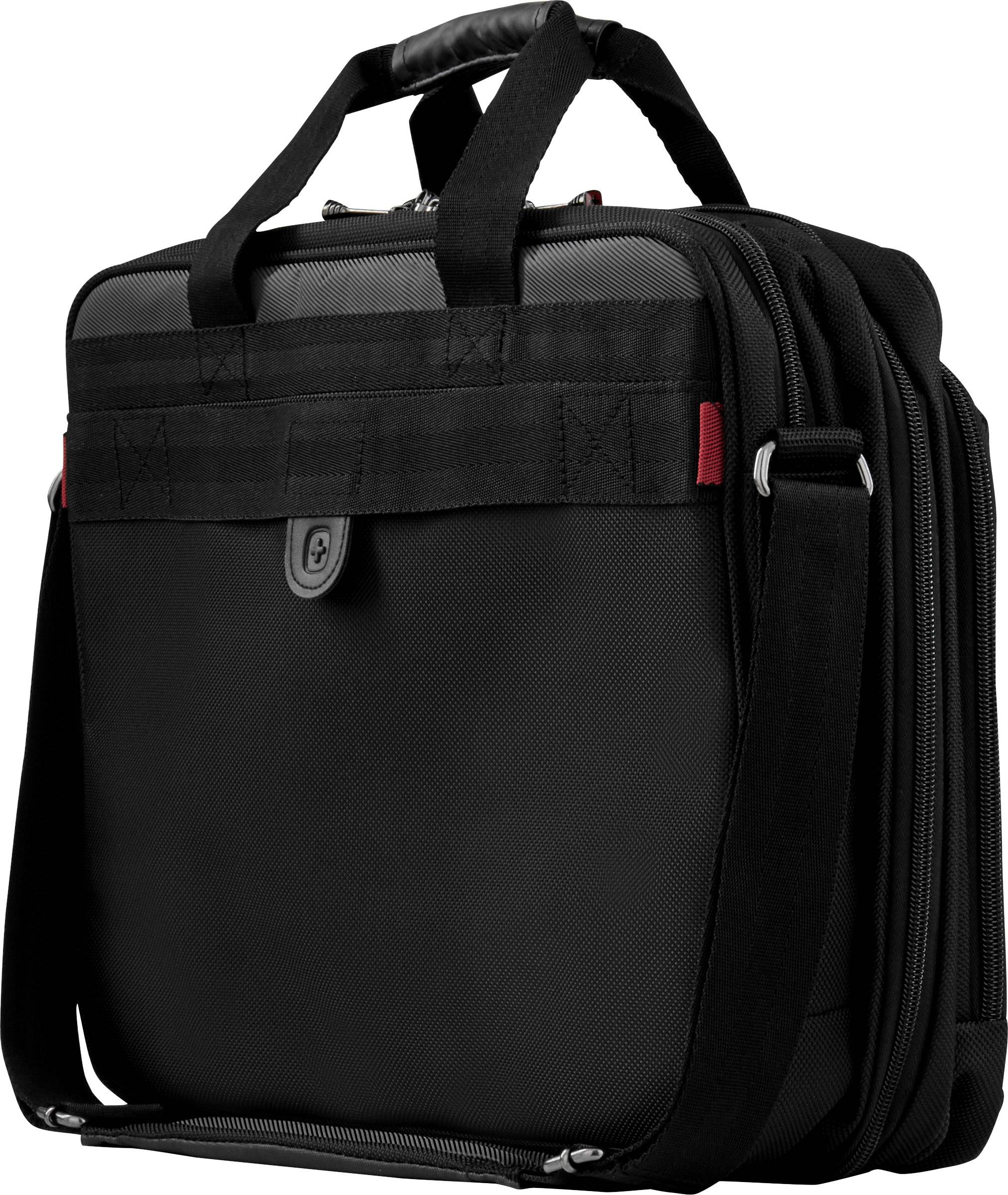 Black laptop bag with carry handle and shoulder strap. It has multiple zips and red accents.