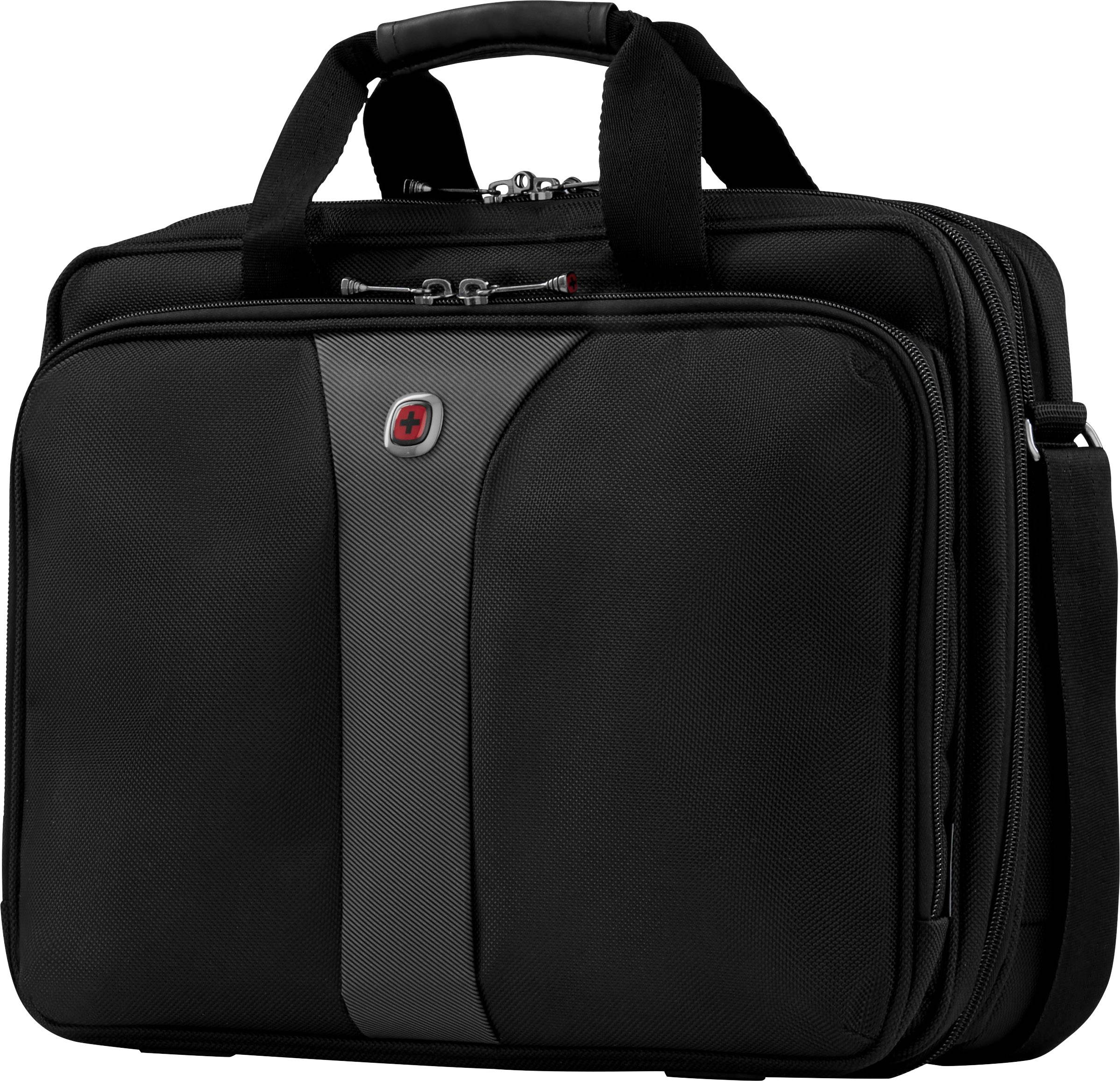 A black briefcase with multiple compartments and a carry handle, suitable for laptops and business documents.