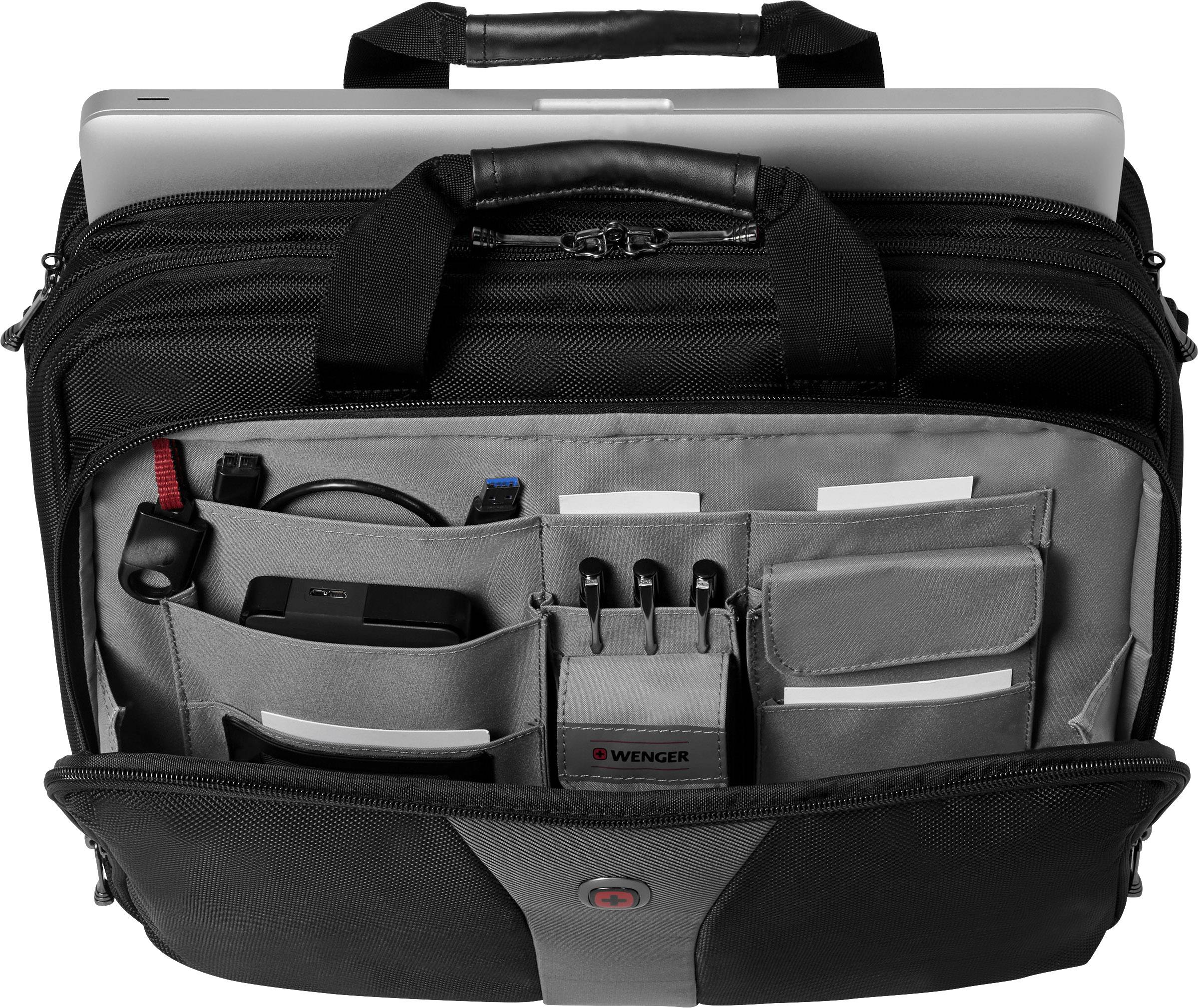 Black and grey laptop bag with multiple compartments that organises and securely stores electronic devices, pens and accessories.