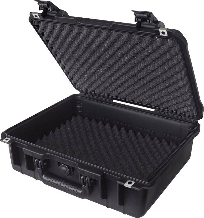 Open black protective case with foam padding, ideal for safely transporting delicate equipment or items.
