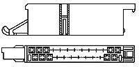 Two technical drawings show the front view and side view of a rectangular multi-contact connector.