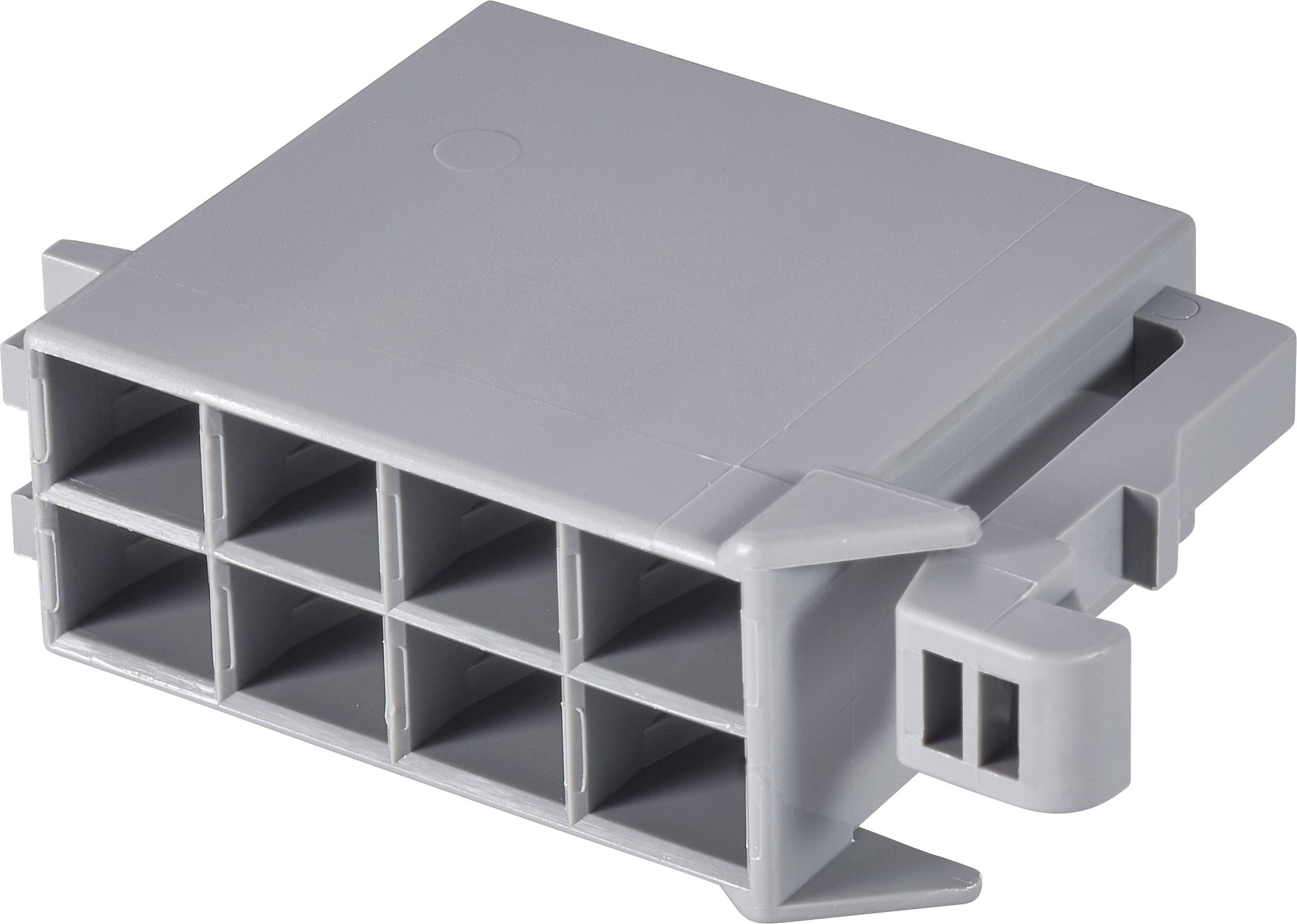 A grey plastic component with multiple rectangular openings and a side click mechanism. It appears to be a connecting element.