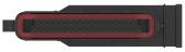 A black, rectangular object with a red border and a grid-like pattern in the centre, potentially a technical component.