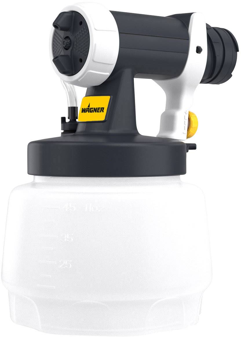 A portable electric paint sprayer in grey and white with a yellow brand label and a transparent paint tank at the bottom.