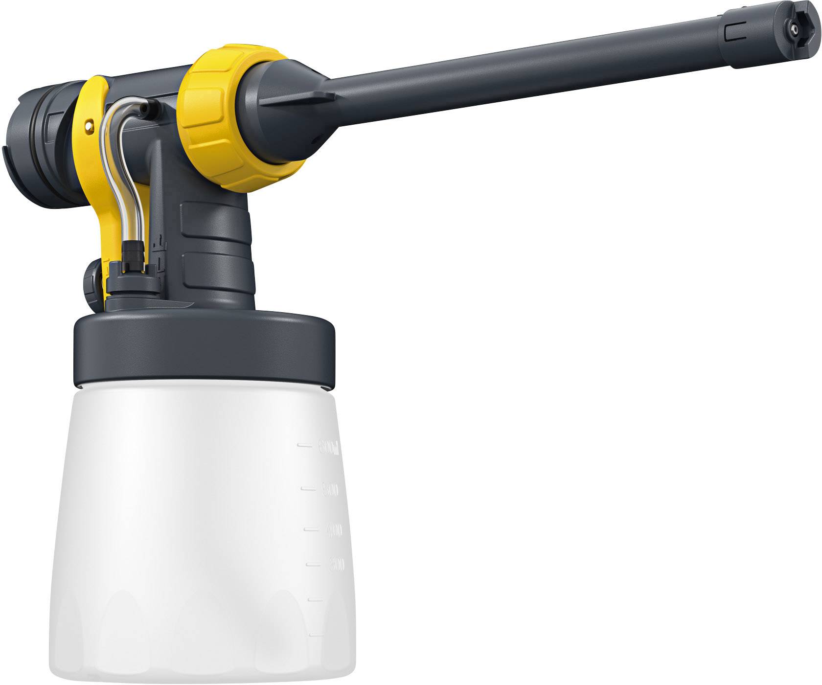 A spray device with a long black handle, yellow rotary knob, and white container. Suitable for cleaning or gardening applications.