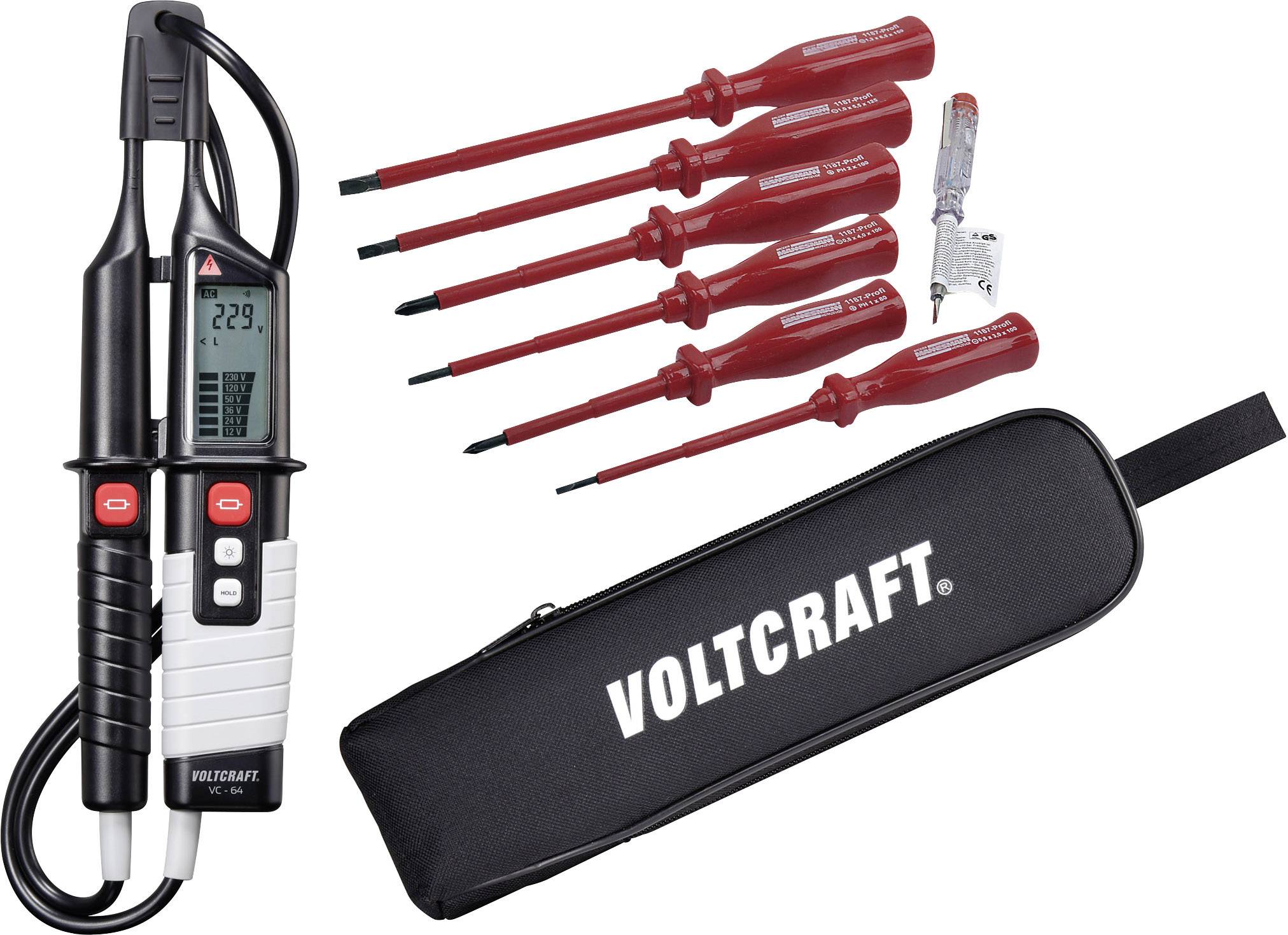 A multimeter set with a digital voltage meter, six red screwdrivers, and a black bag featuring the 'Voltcraft' logo.