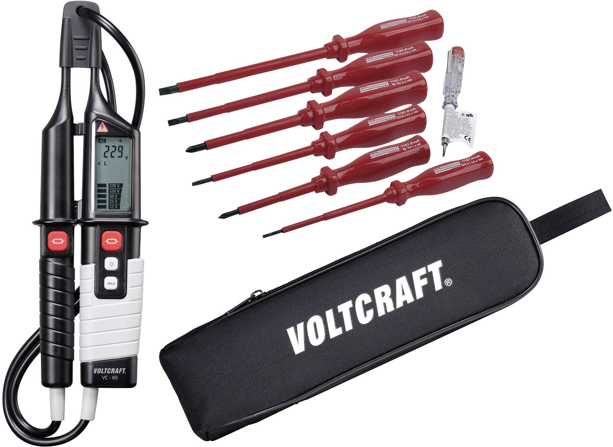 A Voltcraft VC-55 two-pole tester with digital display and screwdriver set in a black case.