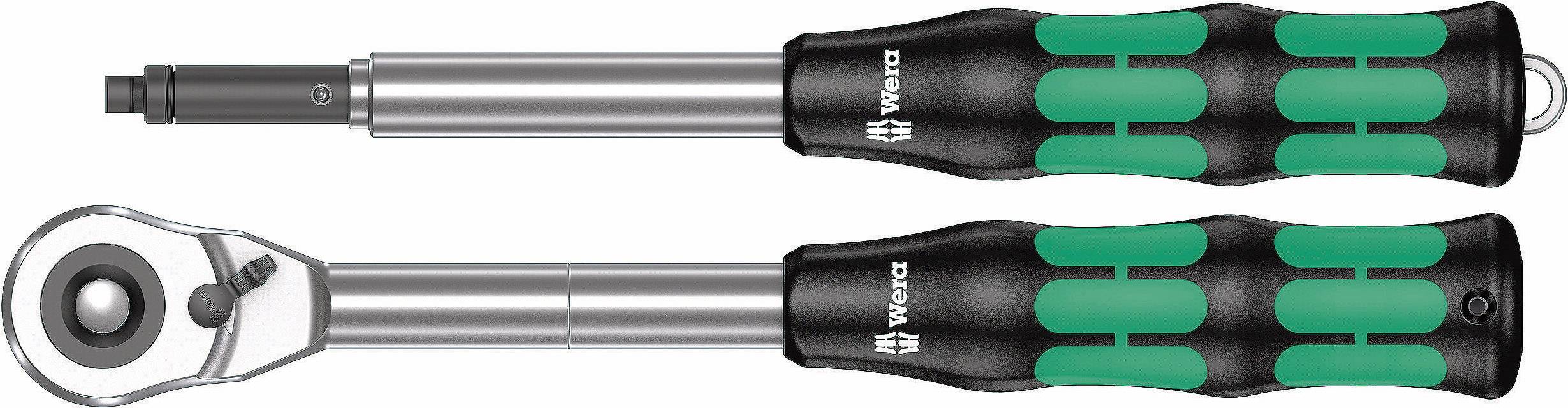 A ratchet screwdriver with a green-black handle shown in two views: closed and open. Brand logo visible.