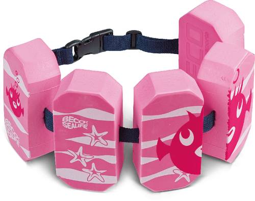 A pink swim belt with multiple rectangular foam blocks and black straps, decorated with fish and star motifs.