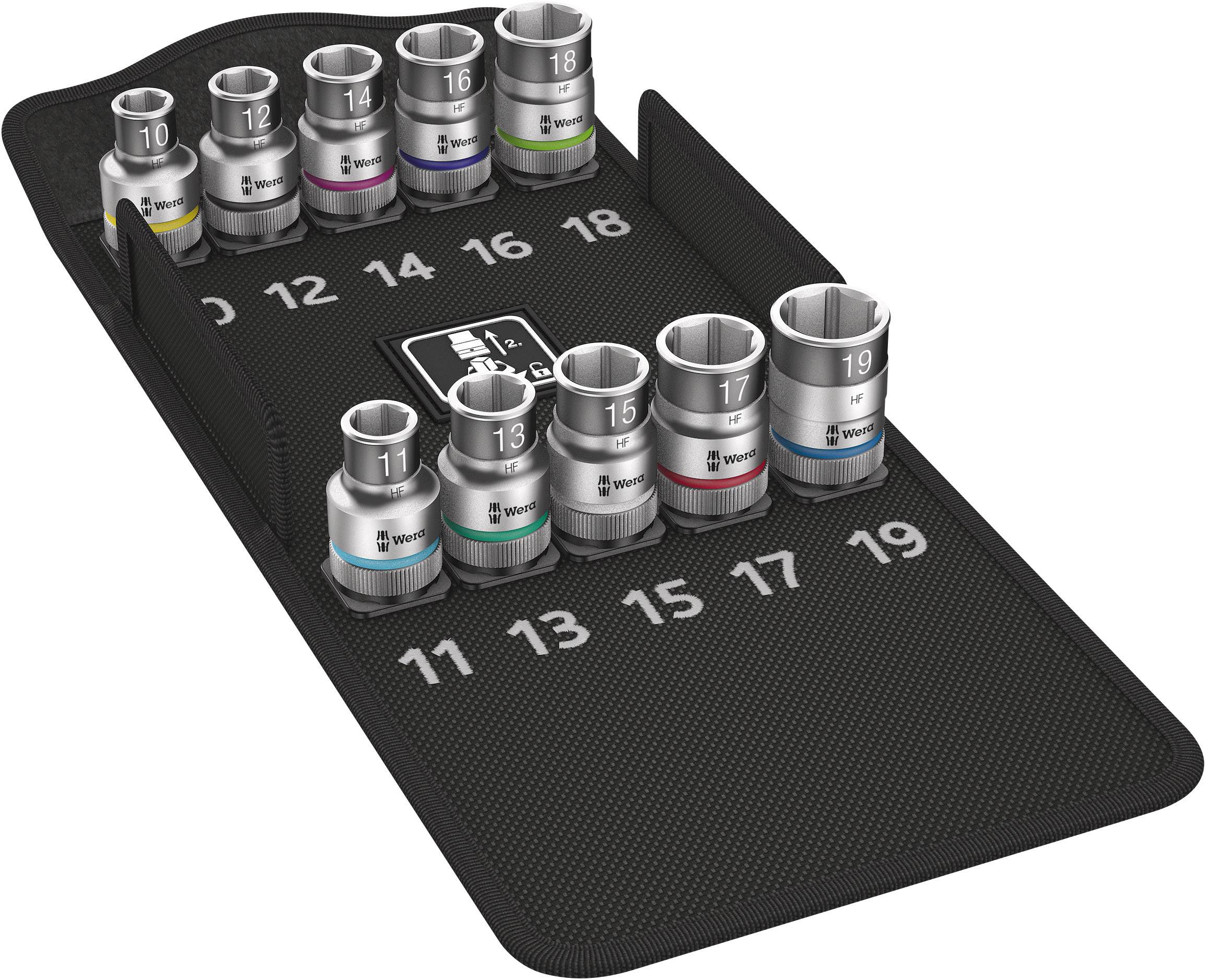 The image shows Wera Zyklop sockets in various sizes on a magnetic mat, ranging from 10 to 19 mm, neatly organised and numbered.