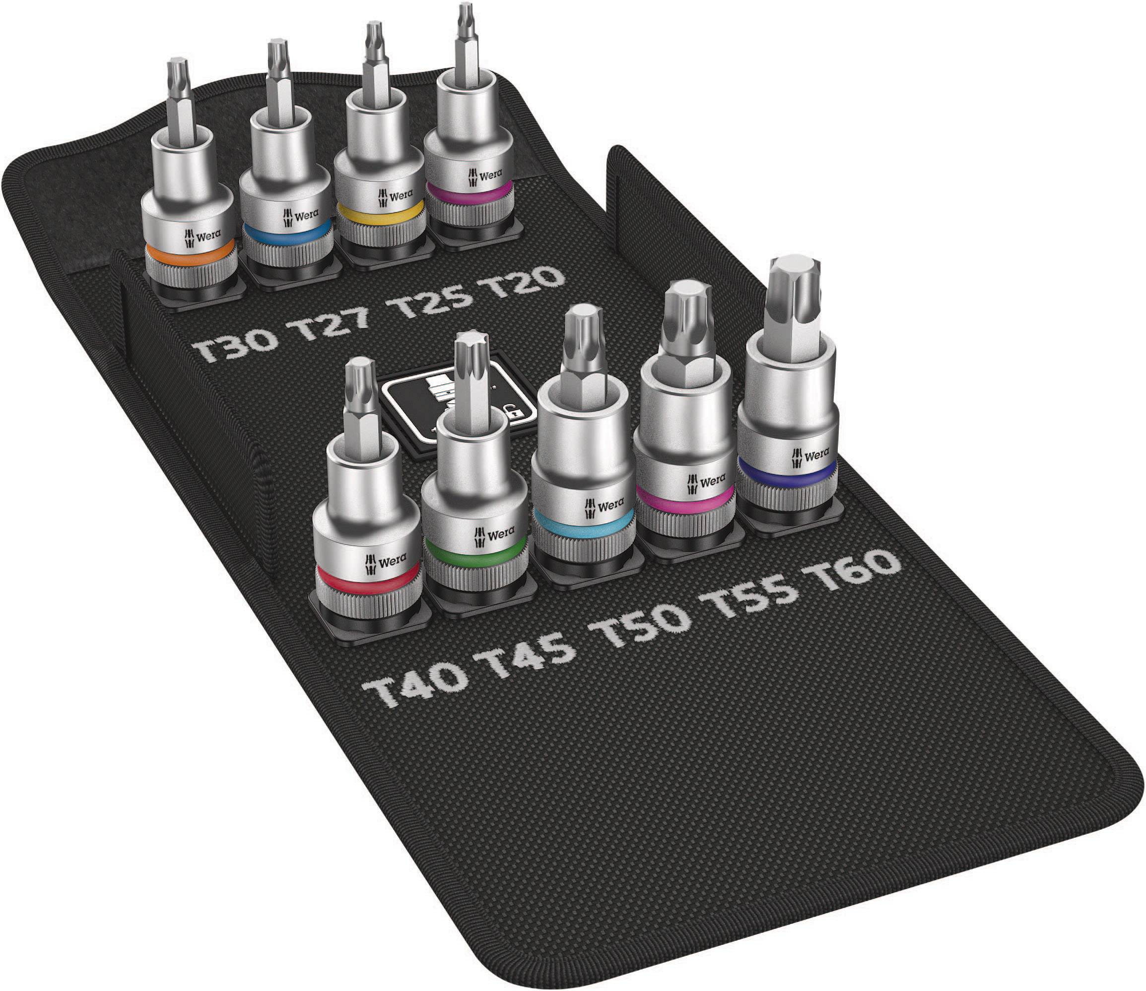 Set of eight socket bits in various sizes and colours, labelled T20 to T60 on a black background.
