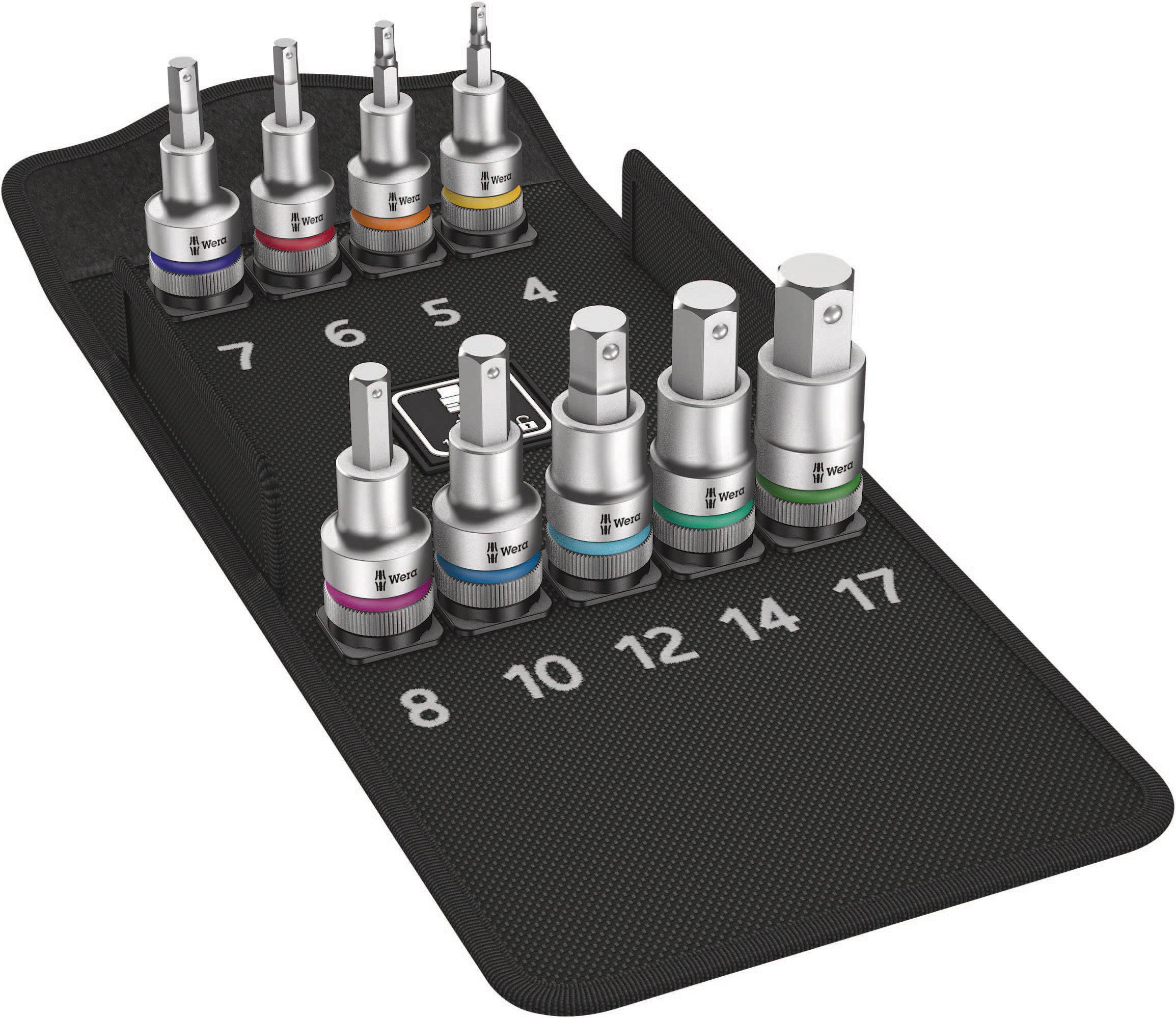 Socket spanner set with nine colour-coded bits in various sizes, arranged in a holder with numbering from 4 to 17.