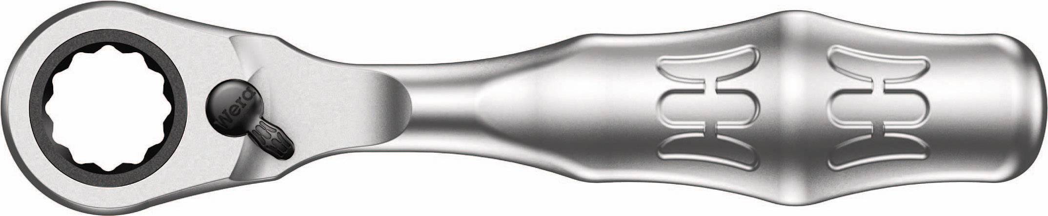 A silver handle with a gear mechanism at the end, likely a ratchet tool, with an ergonomically shaped grip.