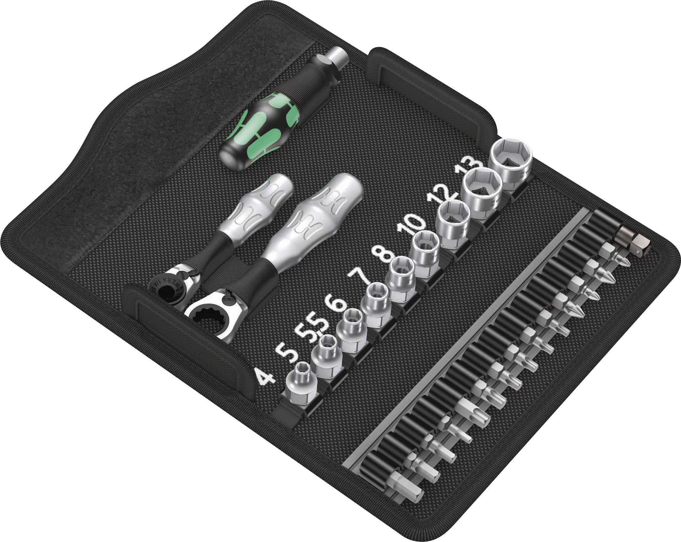 Socket spanner set in case: Various socket sizes, a screwdriver handle and ratchets for different screw sizes.