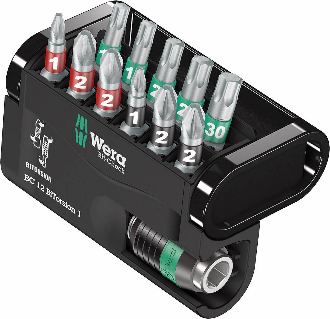'Wera Bit-Check 12 BiTorsion 1' Screwdriver Bit Set in a black holder, featuring 12 bits with different colour codes and sizes.