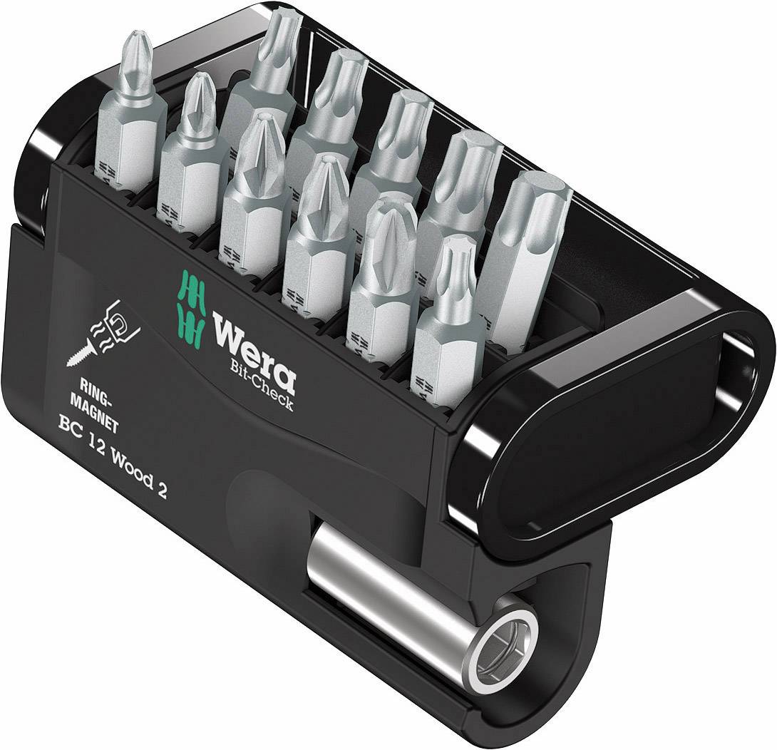 'Wera Bit-Check' Magnetic Plastic Box with 12 Bits in Two Rows, Suitable for Woodworking. Contains Various Screwdriver Bits.