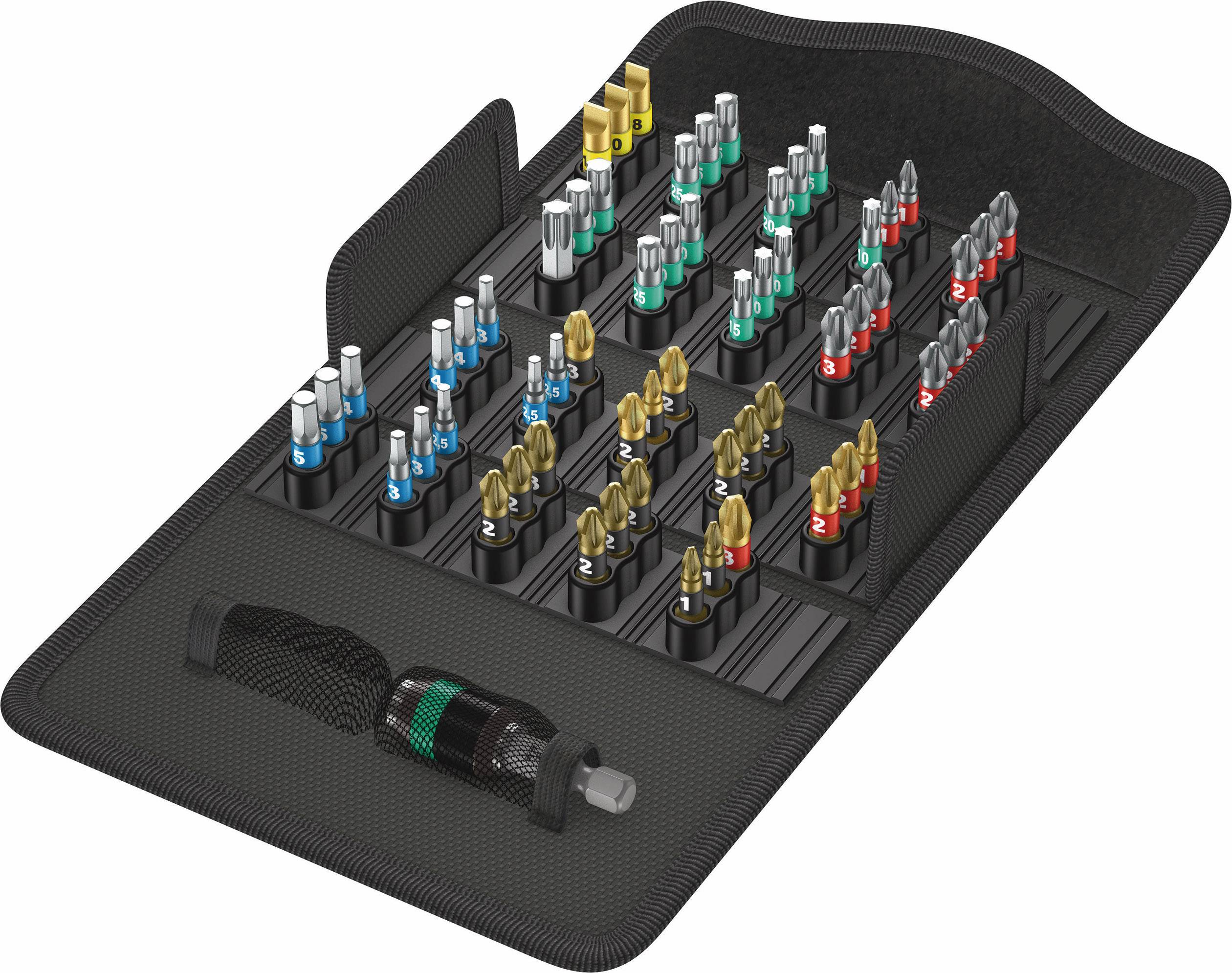A tool set with various screwdriver bits and a holder, carefully sorted in a black fabric pouch.