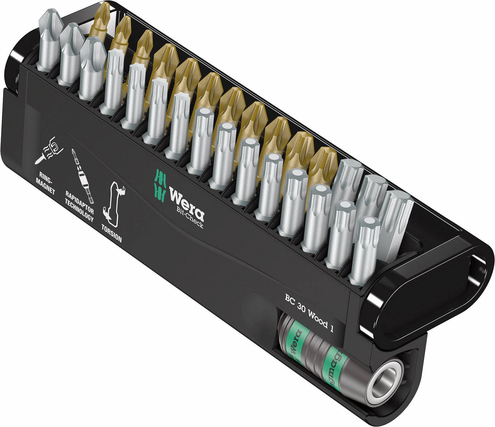 Set of screwdriver bits in various sizes and shapes, arranged in a black holder by Wera.